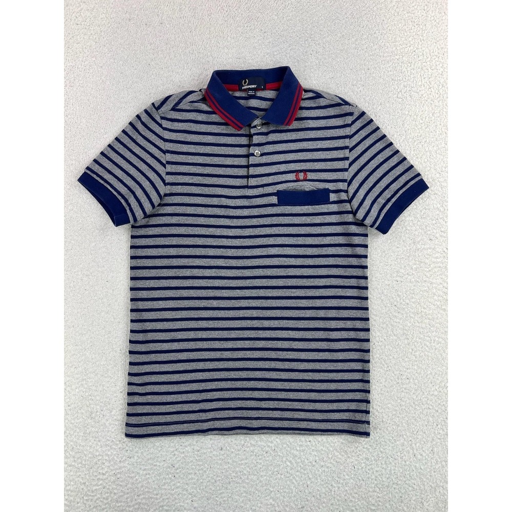 Fred Perry Polo Shirt Mens Small Gray Blue Stripe Cotton Knit Pocket Logo